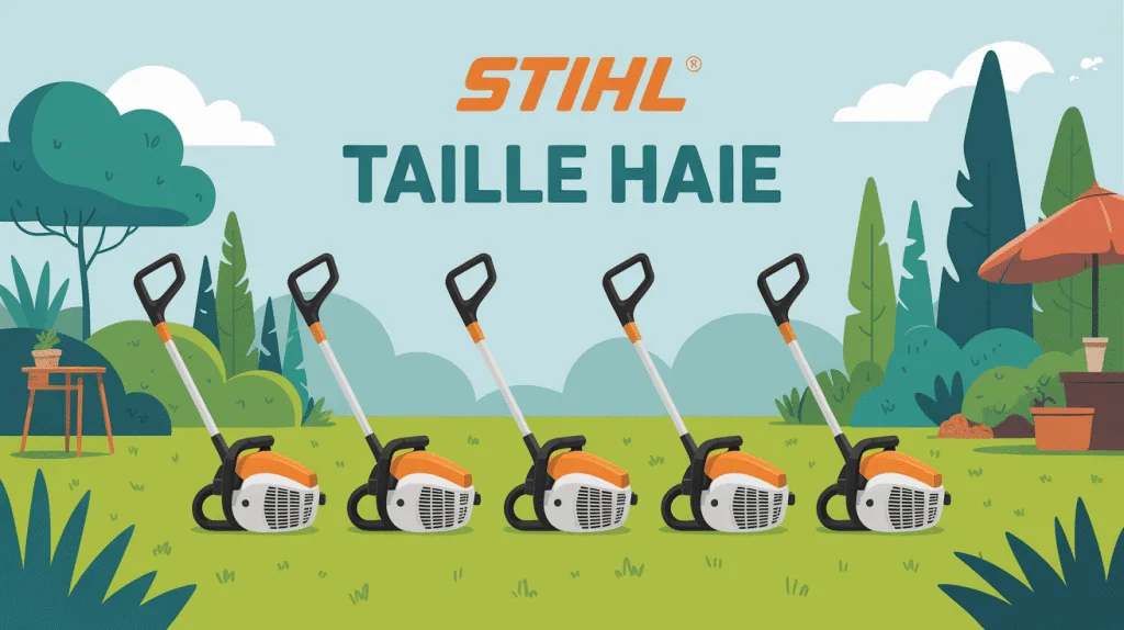 Illustration taille haie Stihl différents modèles sur pelouse