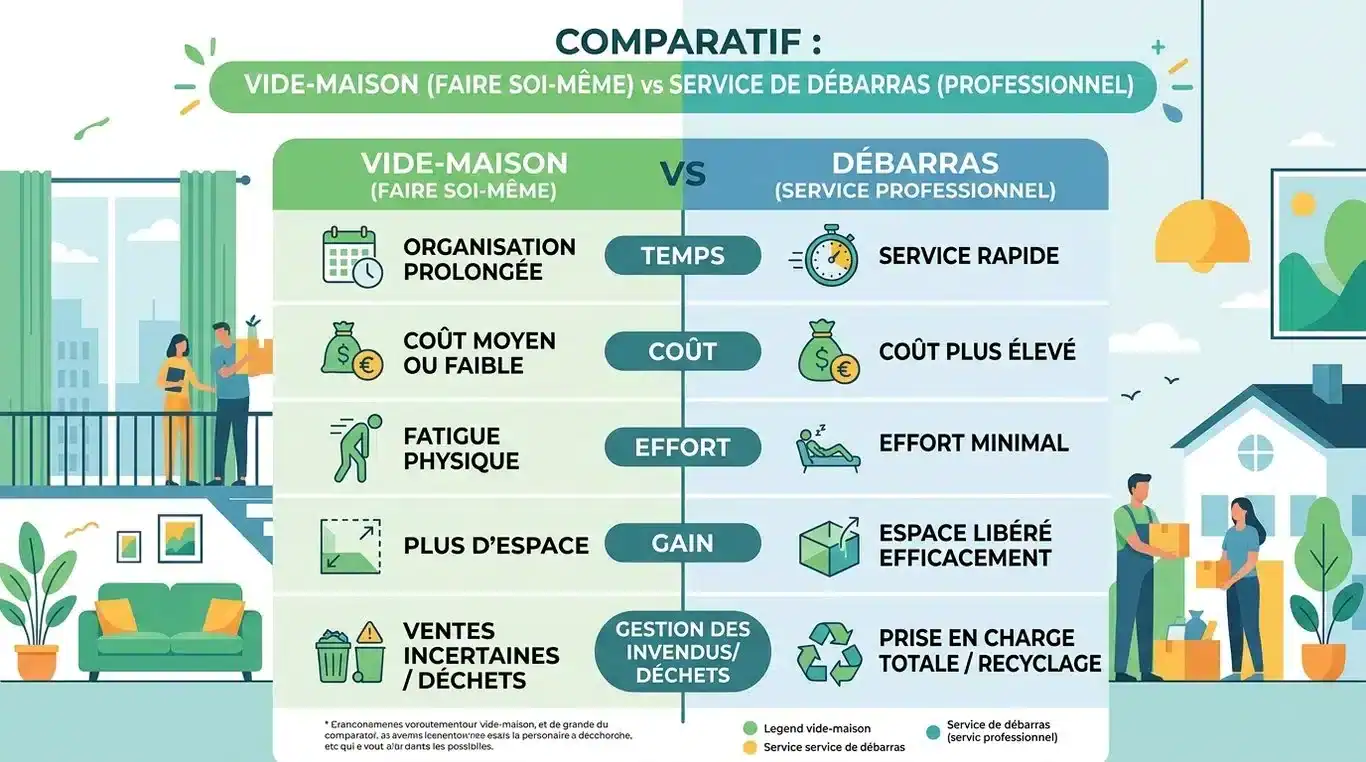 Infographie comparative : organiser son vide-maison soi-même ou faire appel à un professionnel du débarras en Sarthe