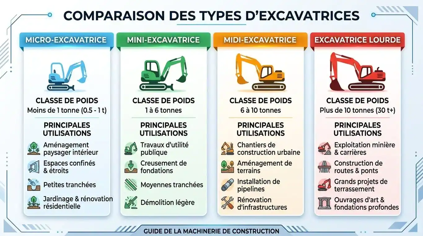 Infographie comparative des types de pelles mécaniques selon leur poids et usage