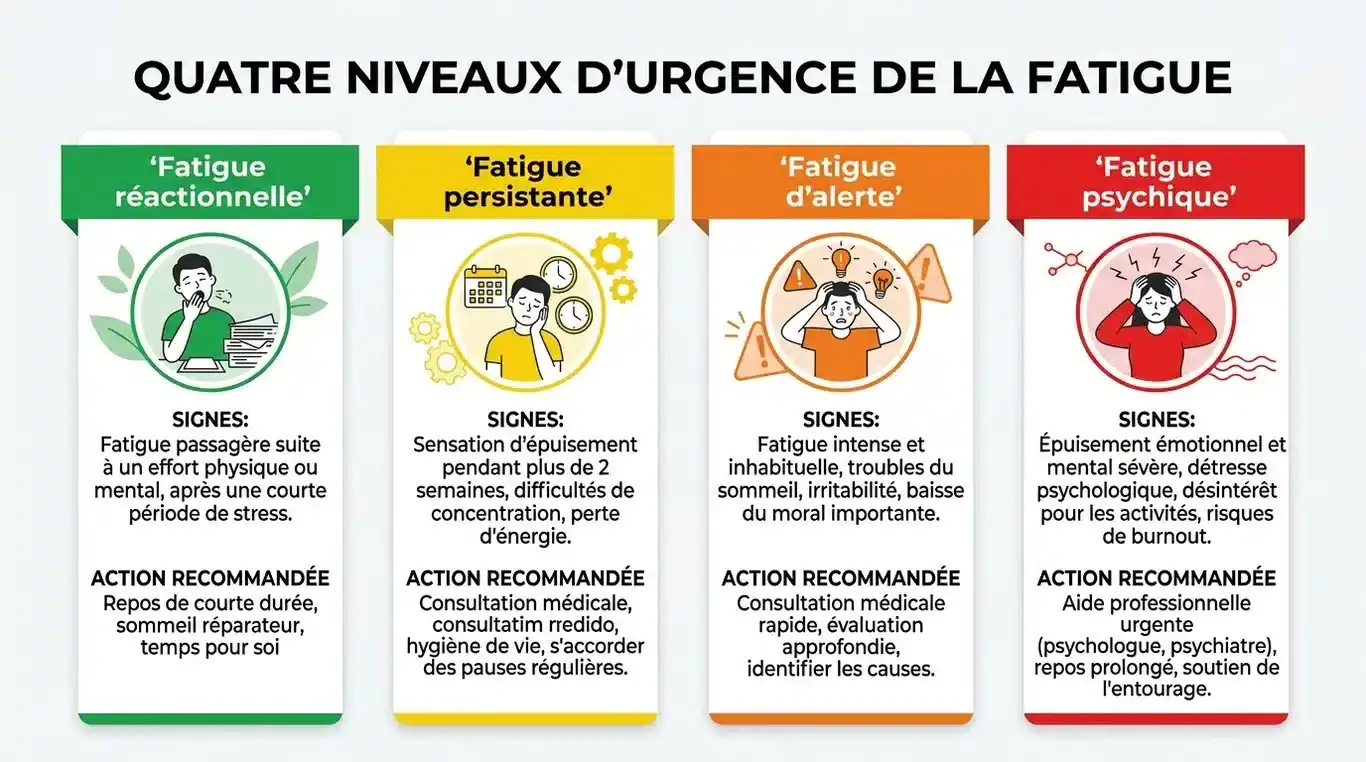 Infographie récapitulative des niveaux de fatigue et des signaux d'alerte pour consulter un médecin