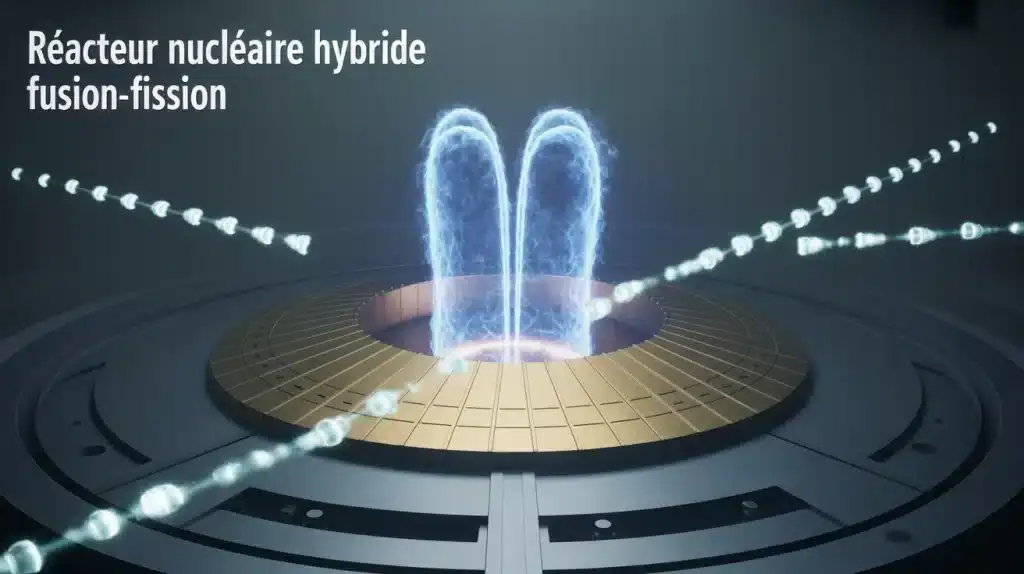 Réacteur nucléaire hybride fusion fission stylisé, plasma et neutrons