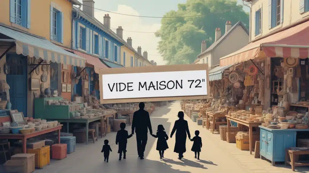 vide maison 72, familles et chineurs devant stands objets anciens