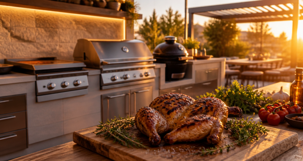 Cuisine extérieure avec barbecue : 3 zones de cuisson et 4 matériaux pour une installation durable