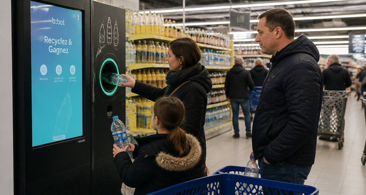 famille bouteille plastique recyclage borne supermarché