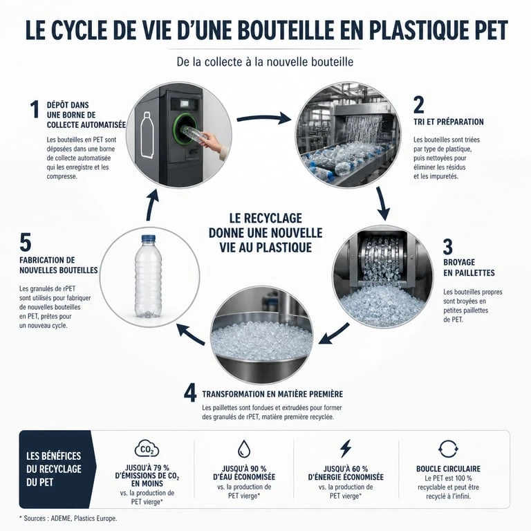 Schéma du processus de recyclage bouteille plastique PET en circuit court