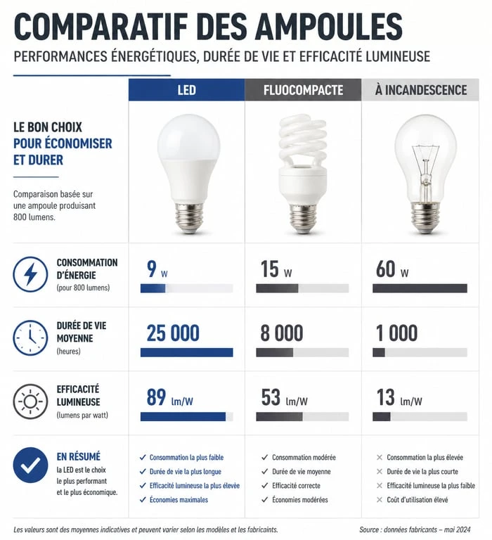 Comparatif des performances entre ampoules LED, fluocompactes et incandescentes pour choisir son ampoule économique.