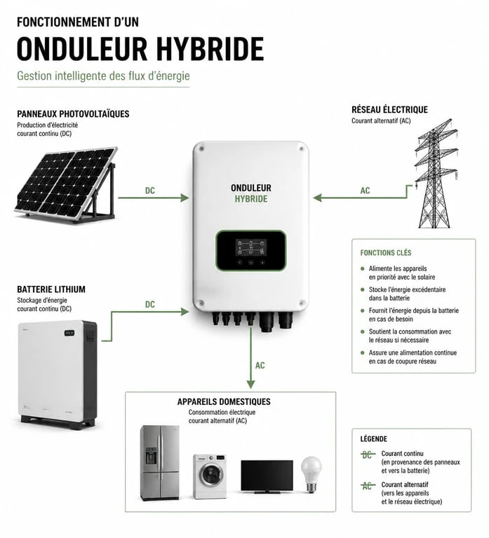 Schéma de fonctionnement d'un kit solaire autoconsommation 6000W avec batterie