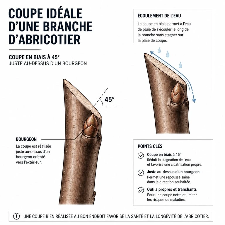 Schéma technique montrant la coupe idéale d'une branche d'abricotier pour une taille réussie