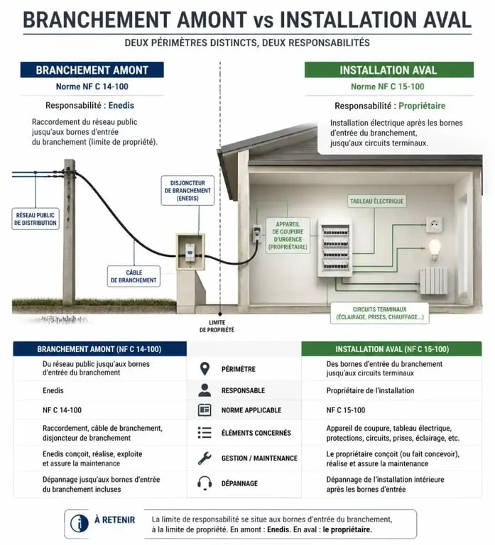 Infographie comparative des normes NF C 14-100 et NF C 15-100 pour le branchement avant compteur Linky