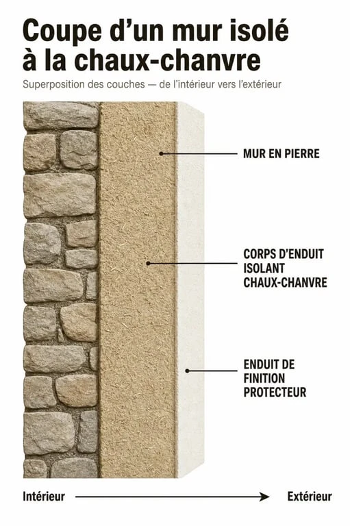 Schéma en coupe d'un mur avec enduit chaux-chanvre extérieur