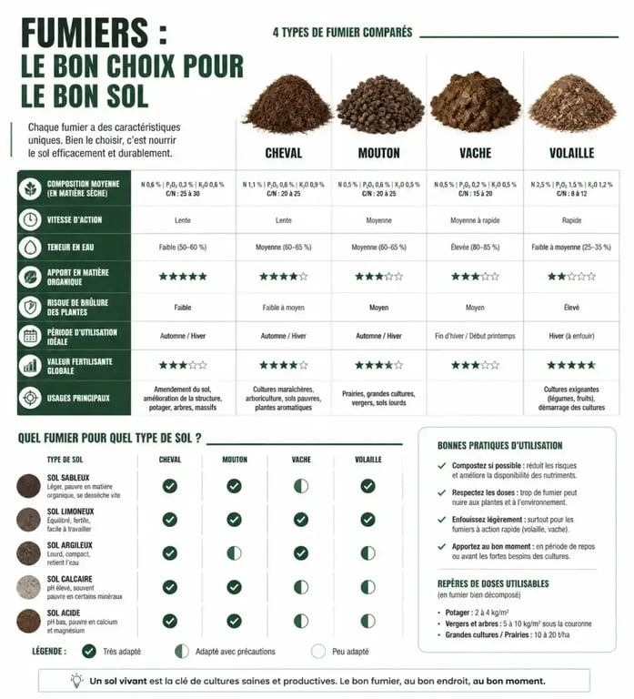 Tableau comparatif des types de fumier pour le jardin et le potager selon le type de sol.