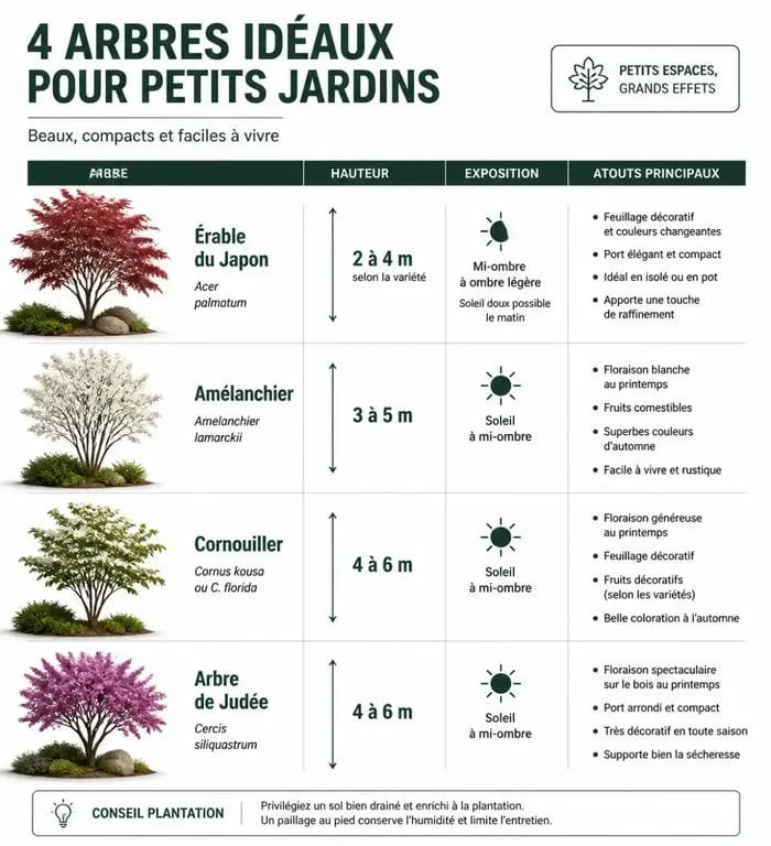 Infographie comparative des meilleurs arbres pour petit jardin selon la hauteur et l'exposition