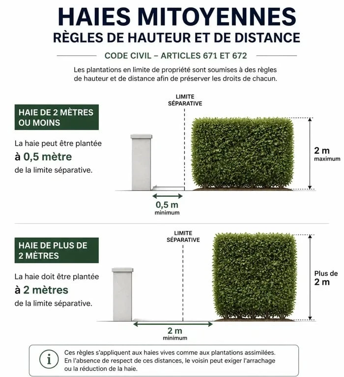 Infographie sur la hauteur et la distance légale d'une haie de plus de 30 ans