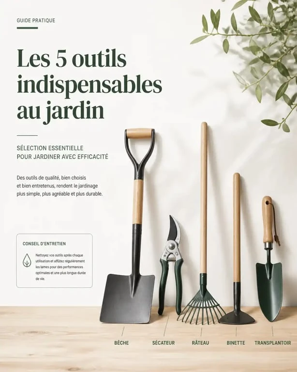 Liste des outils de jardinage essentiels : bêche, sécateur, râteau et transplantoir pour l'entretien du jardin