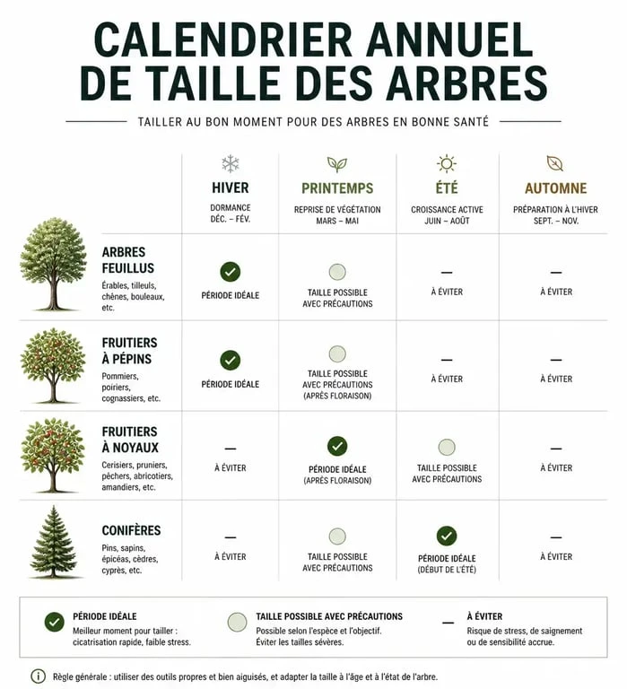 Calendrier annuel de taille des arbres : périodes optimales pour feuillus, fruitiers et conifères