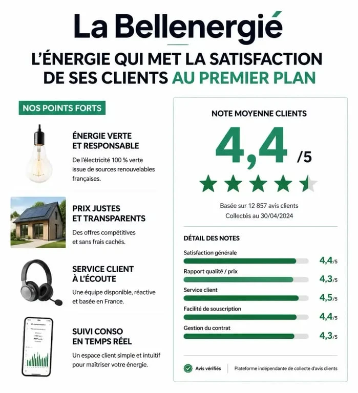 Infographie récapitulative des avis et points forts du fournisseur d'énergie La Bellenergie