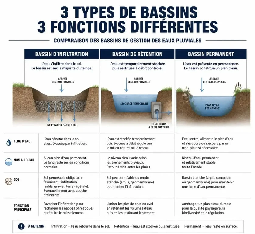 Infographie comparative des différents types de bassins d'infiltration et de rétention des eaux pluviales