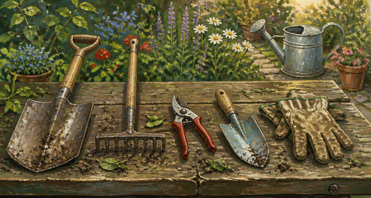 outils de jardinage liste avec photos sur établi