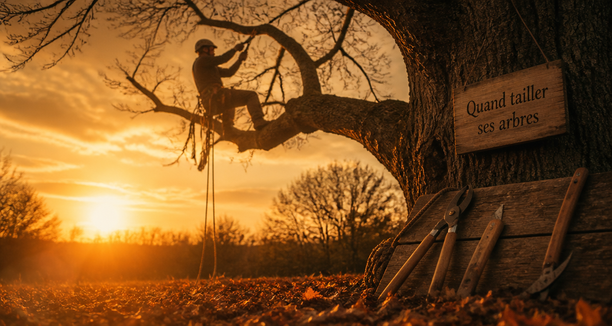 arboriste taille arbre au coucher du soleil, quand tailler arbre