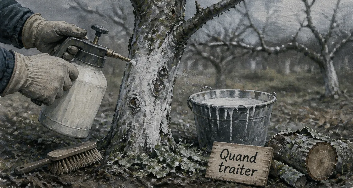 Quand traiter les arbres fruitiers : pulvérisation hiver sur pommier nu