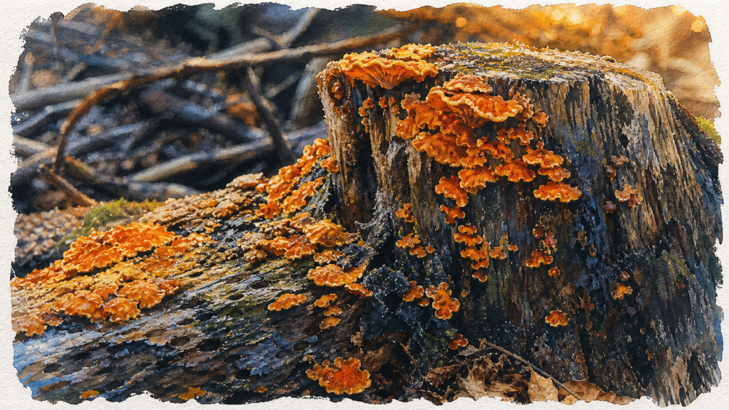Champignon orange sur bois mort : trémelle, polypore soufré et signaux d’alerte à connaître