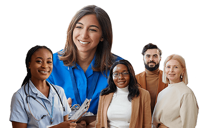 Caregivers and healthcare professionals collaborating.