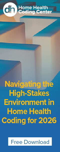 Home Health Coding Center logo with abstract blocks background.