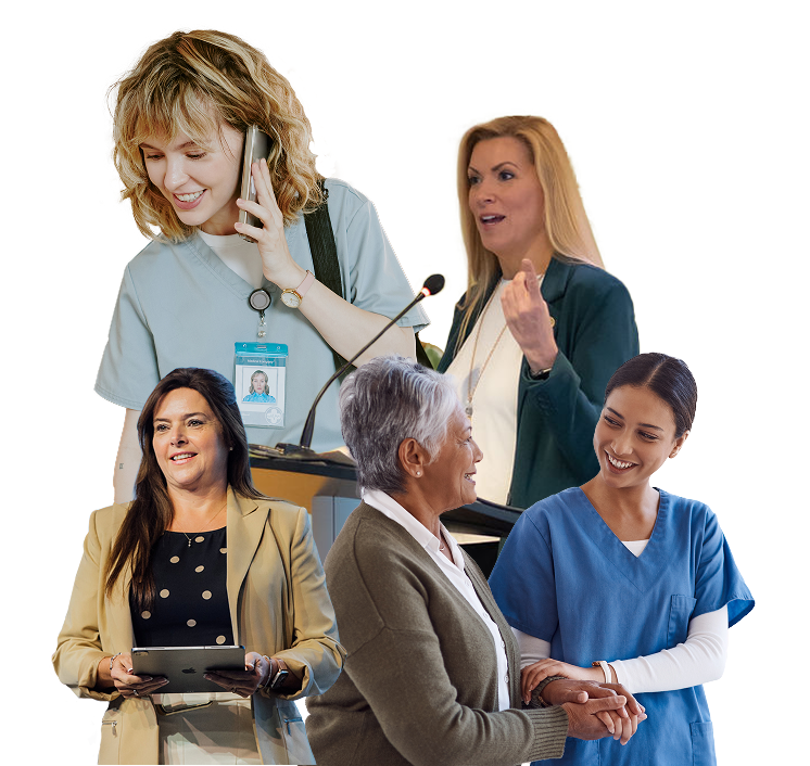 Healthcare professionals supporting at-home caregivers and patients.