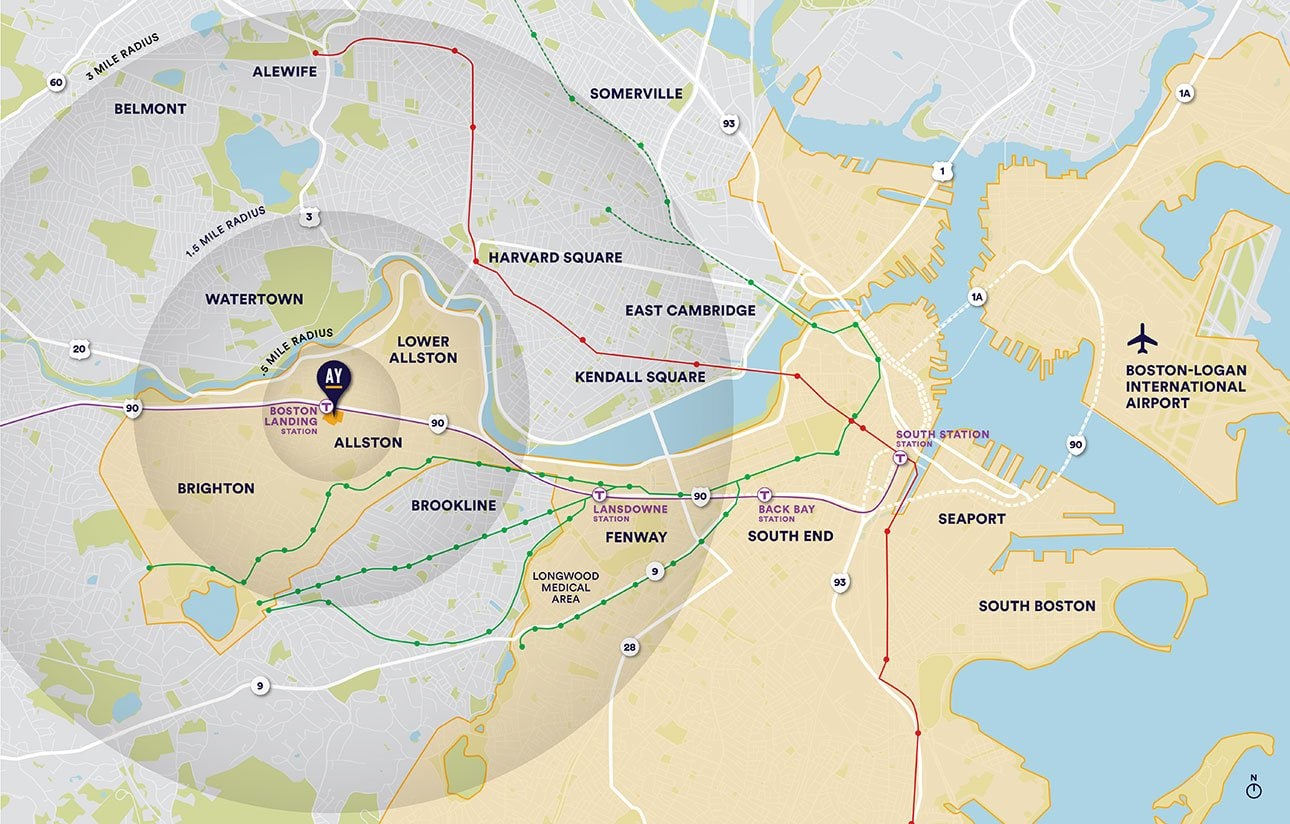 A map of Boston showing the Allston neighborhood and nearby transit lines and landmarks.