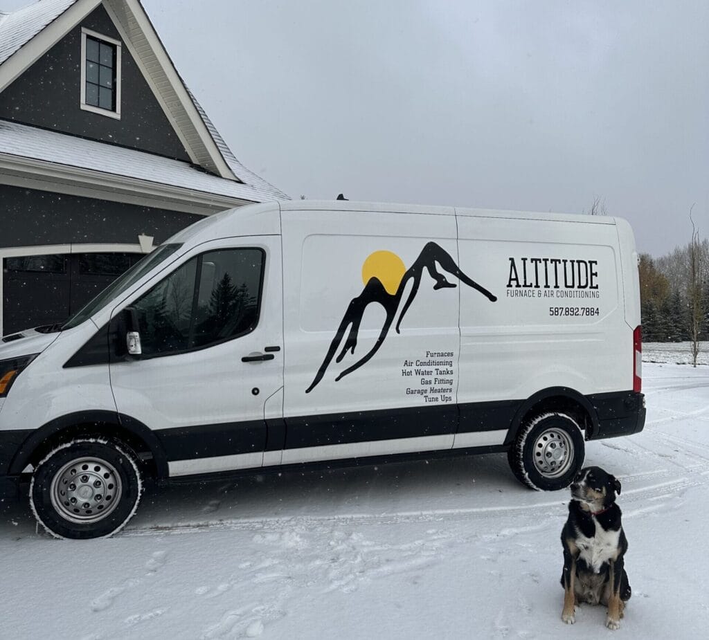 Reliable HVAC service vehicle parked outside a modern home in a snowy landscape, featuring mountain and sun logo for Altitude Furnace & Air Conditioning, specializing in heating, cooling, and HVAC repairs.