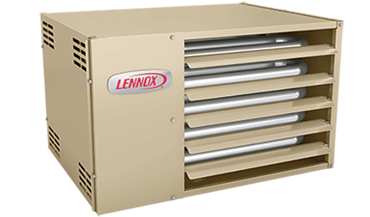 Lennox furnace with heating elements inside, used for home or commercial heating, shown in beige color.