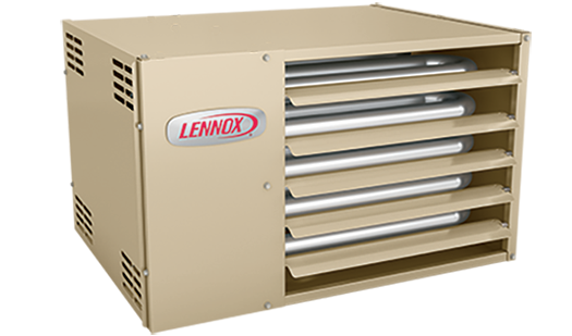 Lennox HVAC heating unit with multiple heat exchange tubes, beige metal casing, and ventilation slots, used for climate control in residential or commercial buildings.