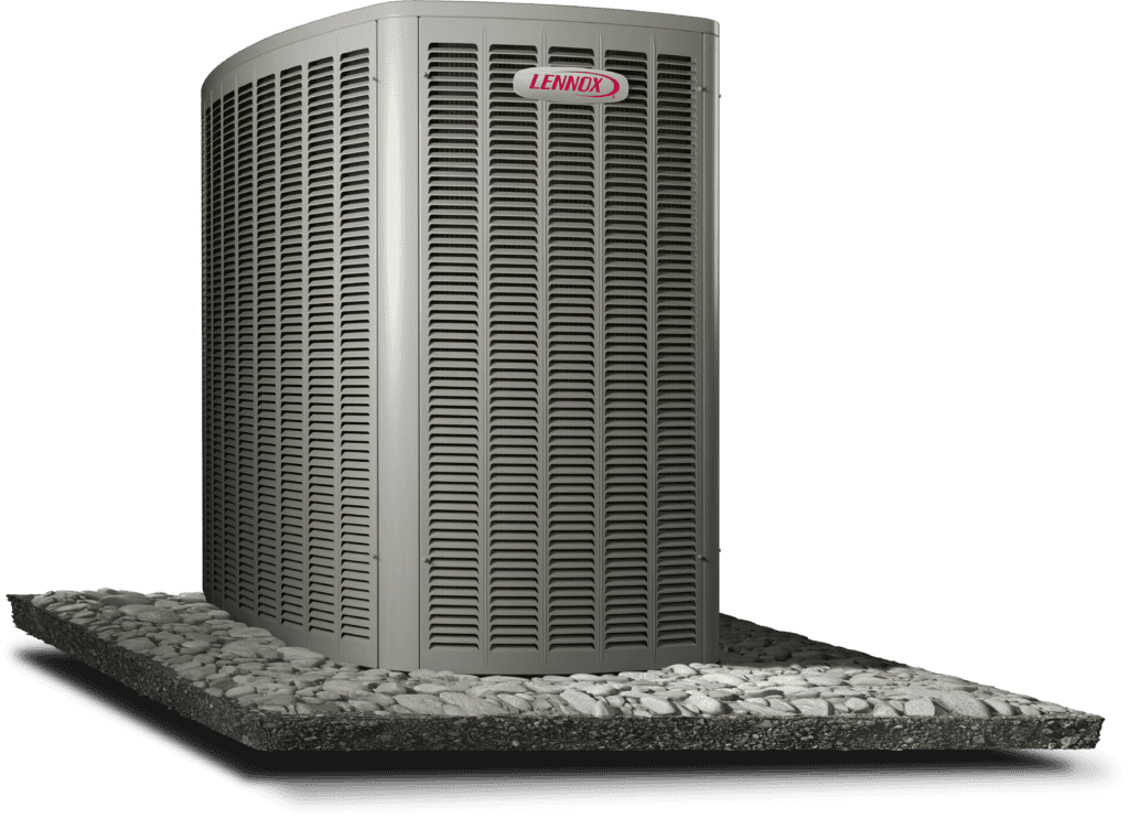 Lennox outdoor HVAC unit on a concrete pad, ready for maintenance or tune-up, part of furnace system servicing.
