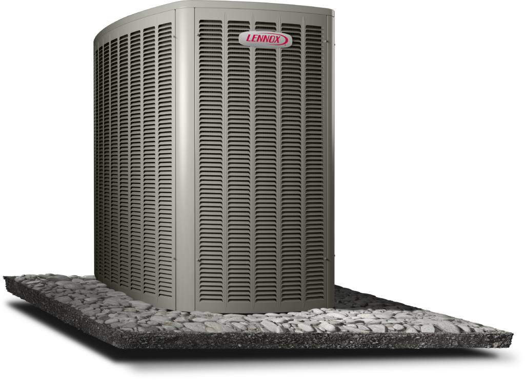 Lennox outdoor HVAC unit installed on a concrete pad, part of residential air conditioning system.