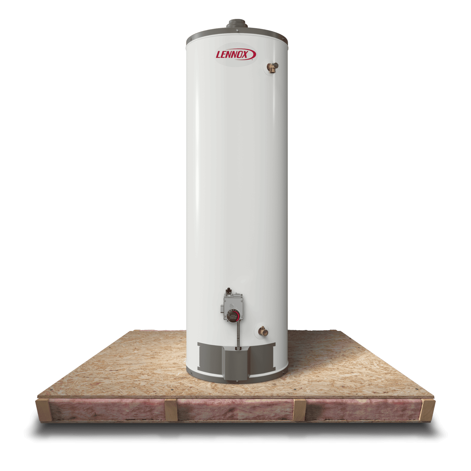 White Lennox water heater standing on a wooden platform, with control valve and pipes visible, used for residential hot water supply.