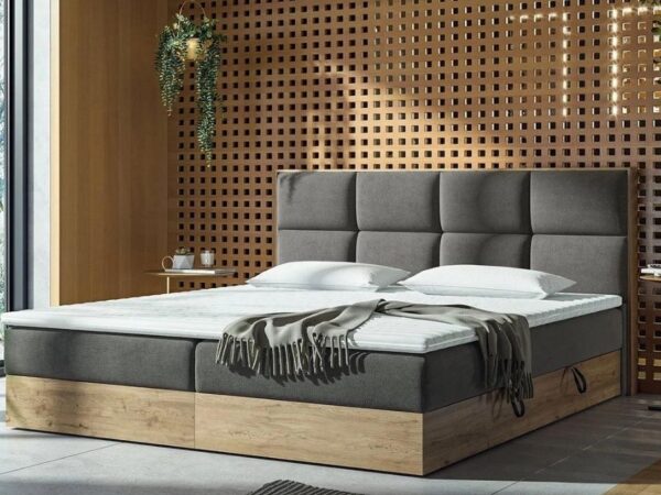 Cama estofada c/arrumação CONFORT - Carvalho/Cinza