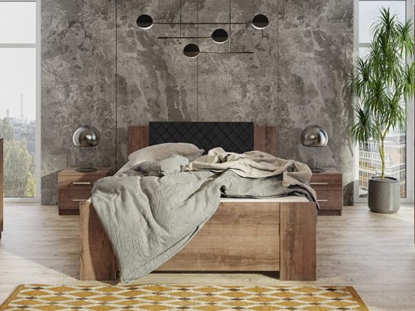 Cama estofada c/arrumação DARSI - Carvalho Monástico, 160x200cm