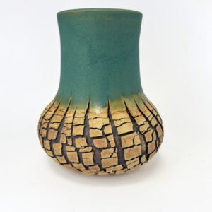 Handmade ceramic vase with matte teal glaze and cracked earth texture, a wabi sabi nature-inspired artwork for interior designers, hotels, and curated spaces.
