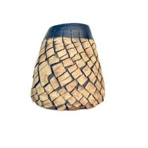 Handmade textured stoneware vase with intricate cracked surface, iron oxide finish and matte black rim by Amelia Johannsen