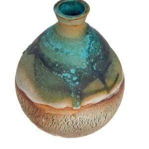 Bottle-shaped handmade stoneware vessel with layered turquoise glaze, fine cracked texture and iron oxide finish by Amelia Johannsen