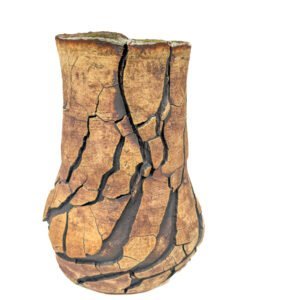 Handmade stoneware vase with dramatic natural fractures and turquoise glazed interior by Amelia Johannsen