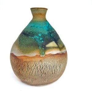 Bottle-shaped handmade stoneware vessel with layered turquoise glaze, fine cracked texture and iron oxide finish by Amelia Johannsen