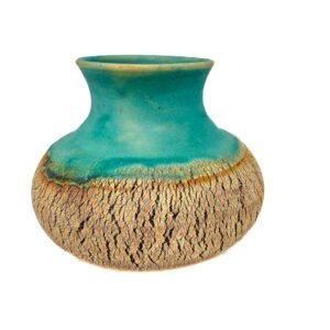 Wheel-thrown stoneware vase with flowing matte turquoise glaze, fine textured surface and iron oxide finish by Amelia Johannsen