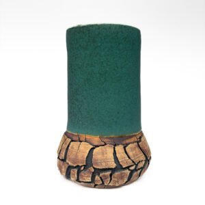Modern handmade ceramic vase with matte turquoise glaze and naturally fractured stoneware base by Amelia Johannsen