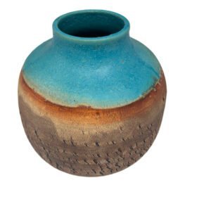 Handmade stoneware vase with fine vertical cracked texture, iron oxide finish and matte turquoise glaze by Amelia Johannsen