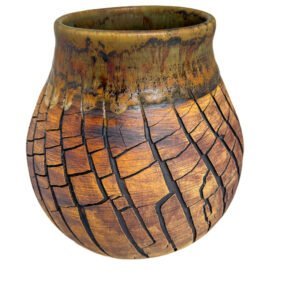 Original wheel-thrown stoneware vase with fractured copper-toned surface and layered green glaze from the Faultline series.