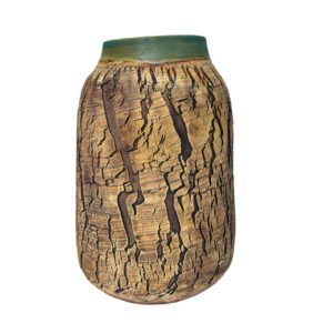 Contemporary wheel-thrown stoneware vase with vertical cracked texture, iron oxide finish and turquoise glazed rim by Amelia Johannsen