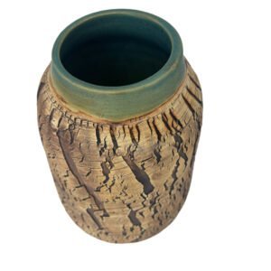 Contemporary wheel-thrown stoneware vase with vertical cracked texture, iron oxide finish and turquoise glazed rim by Amelia Johannsen