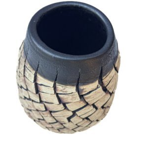 Handmade textured stoneware vase with intricate cracked surface, iron oxide finish and matte black rim by Amelia Johannsen