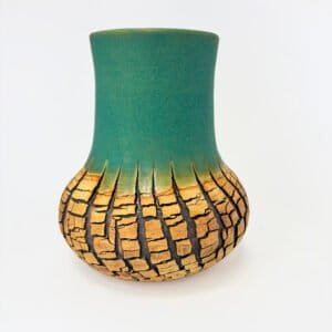 Faultline II contemporary stoneware vase with naturally fractured texture and turquoise glaze by Amelia Johannsen
